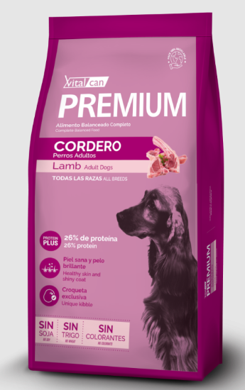 Alimento premium Vitalcan cordero 20 kilos todas las razas con o sin sensibilidad cutánea y/o digestiva.